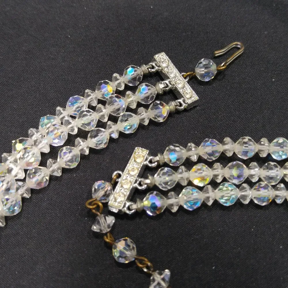 Vintage AB Crystal Necklace Set 1950s Triple Strand Earrings